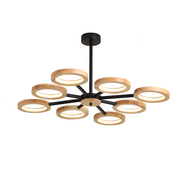 2019 new ring round wood art led big chandelier living room modern muti heads black metal pendant lighting fixtures