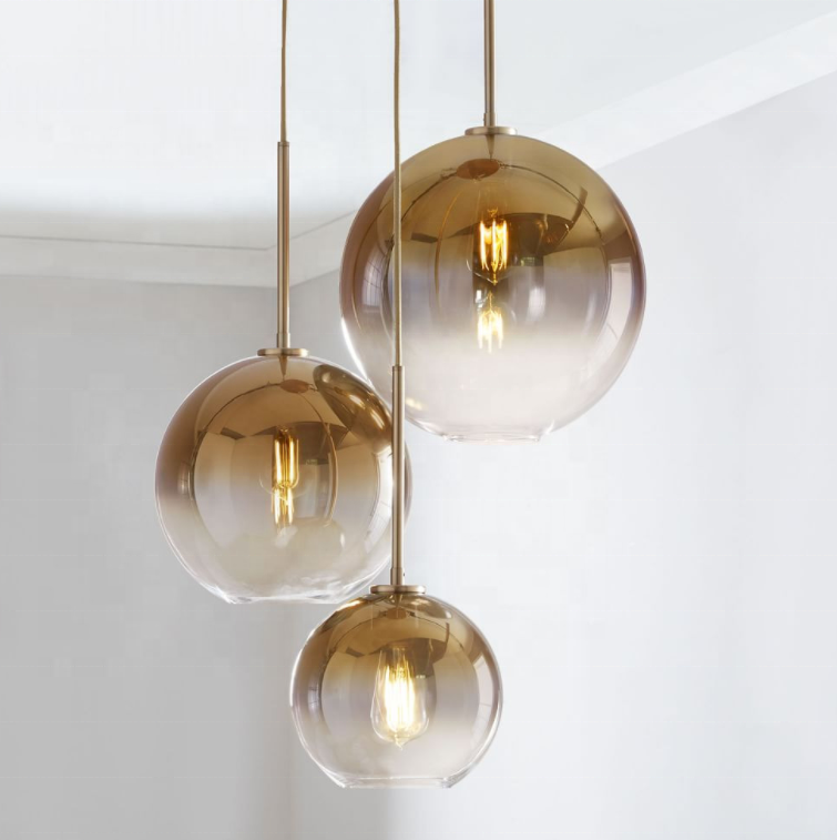 Fancy new deco amber glass hanging lamp living room led color changing chrome balloon pendant lights