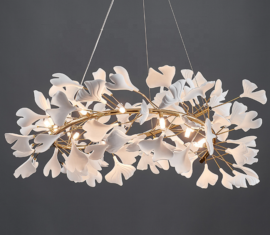 Nordic Gold Indoor Hotel Wedding Ceiling Hanging light Decoration Modern LED maple flower pendant Chandelier lamp