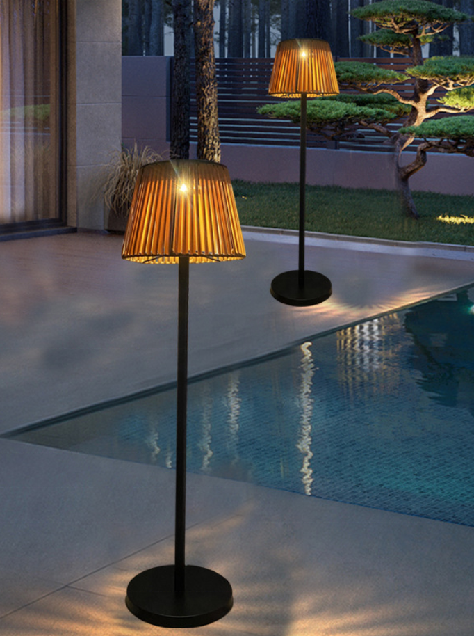 Modern rattan bamboo shade stand Lamp Led metal outdoor solar Standing Floor Lighting for garden