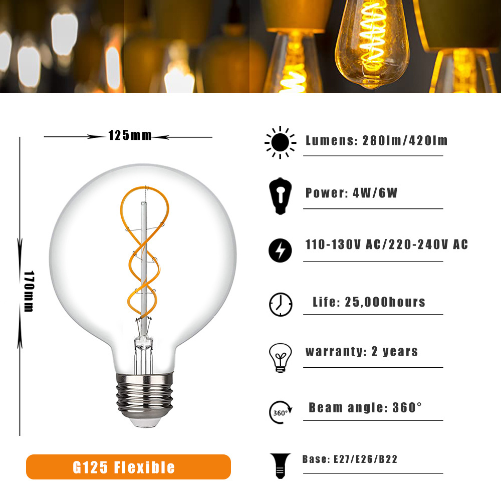 4W   Nostalgic soft filament vintage G125 G95 G80 globe led filament bulb