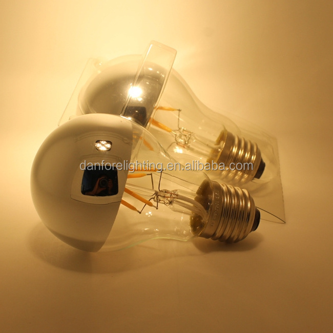 A60 A19 led crown silver light bulb Shadowless led filament bulb with Chrome mirror silver top