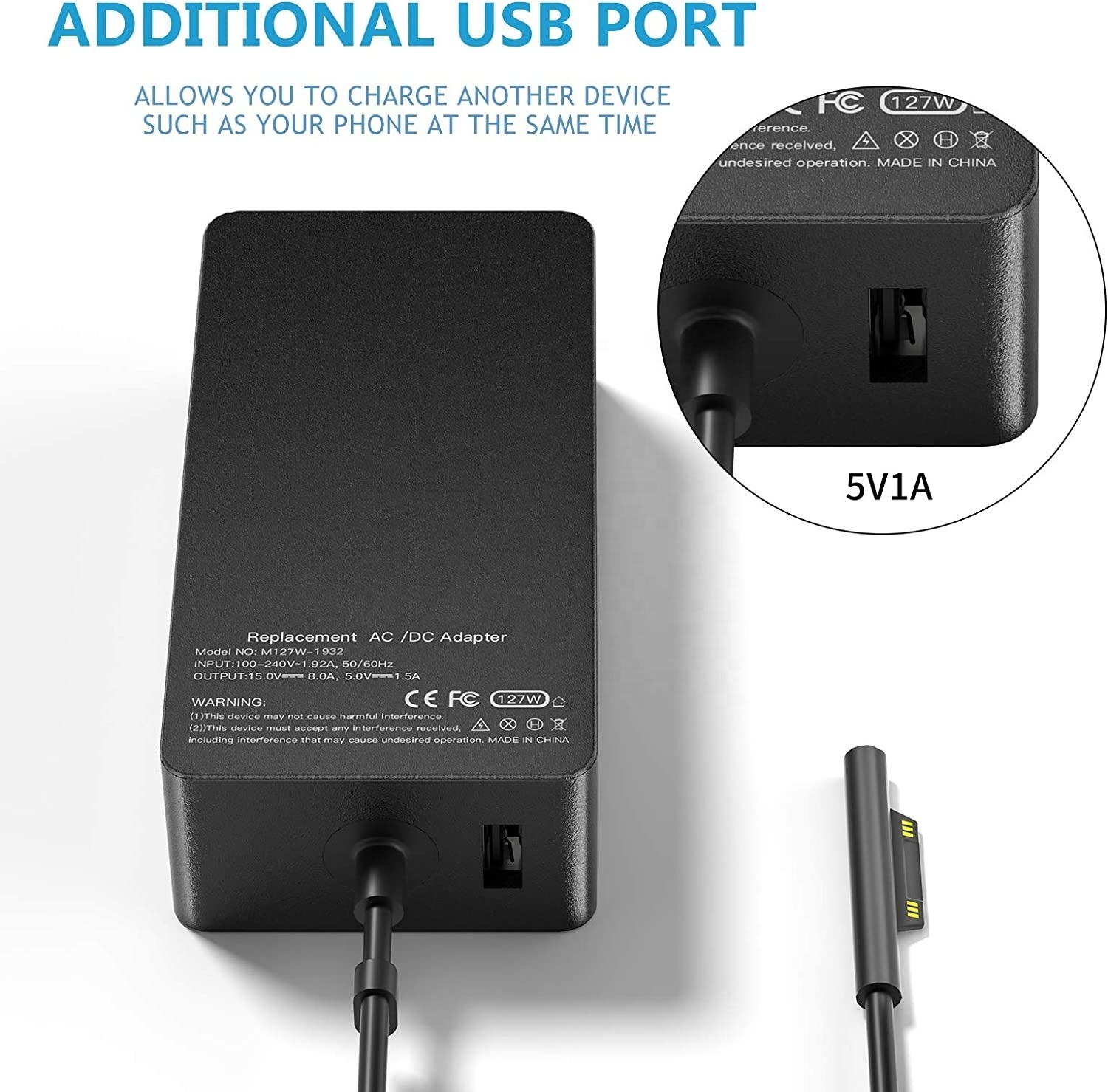 Portable Surface Book 3 Surface Pro Fast Charger, 127W 15V 8A AC Power Supply Adapter for Surface Laptop Studio