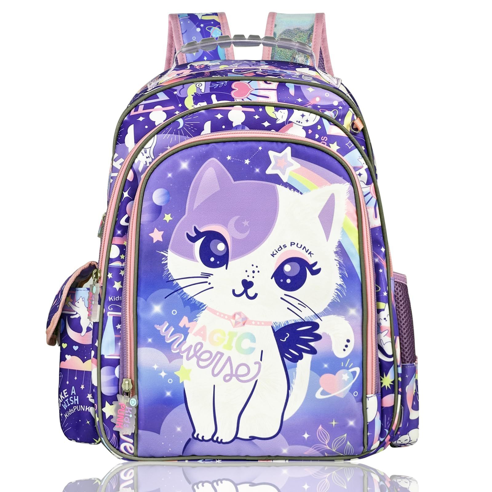 Cute Cat Backpack Kawaii Light Pink Backpack for Preschool Kindergarten Elementary Large Capacity Kids Backpacks Polyester 500