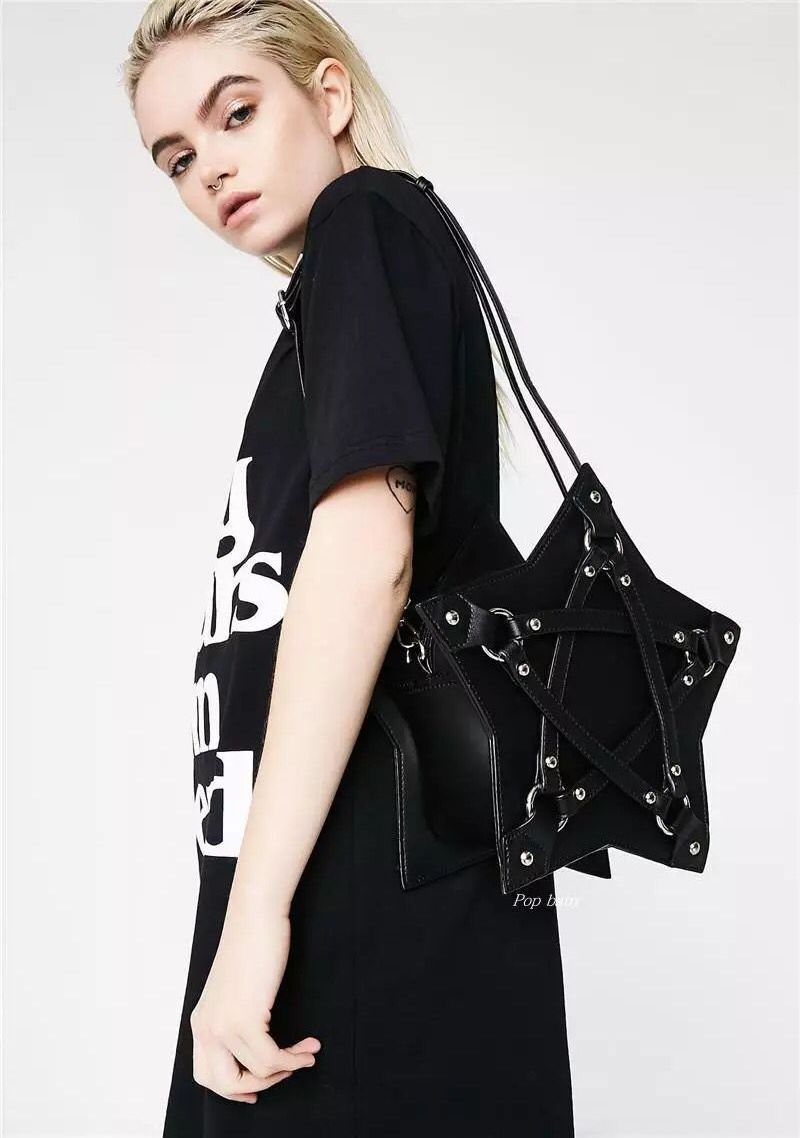 Punk Small Crossbody Bag Purse PU Leather Dark Black Star Fashion Cool Style Girls Hand Bag Women Shoulder Bag