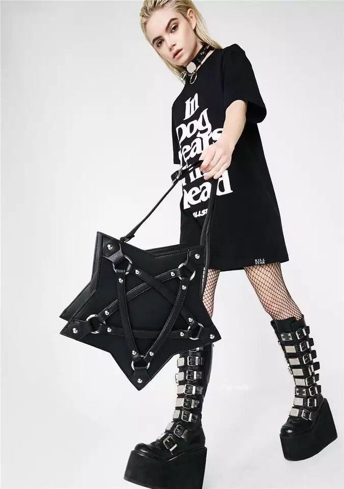 Punk Small Crossbody Bag Purse PU Leather Dark Black Star Fashion Cool Style Girls Hand Bag Women Shoulder Bag