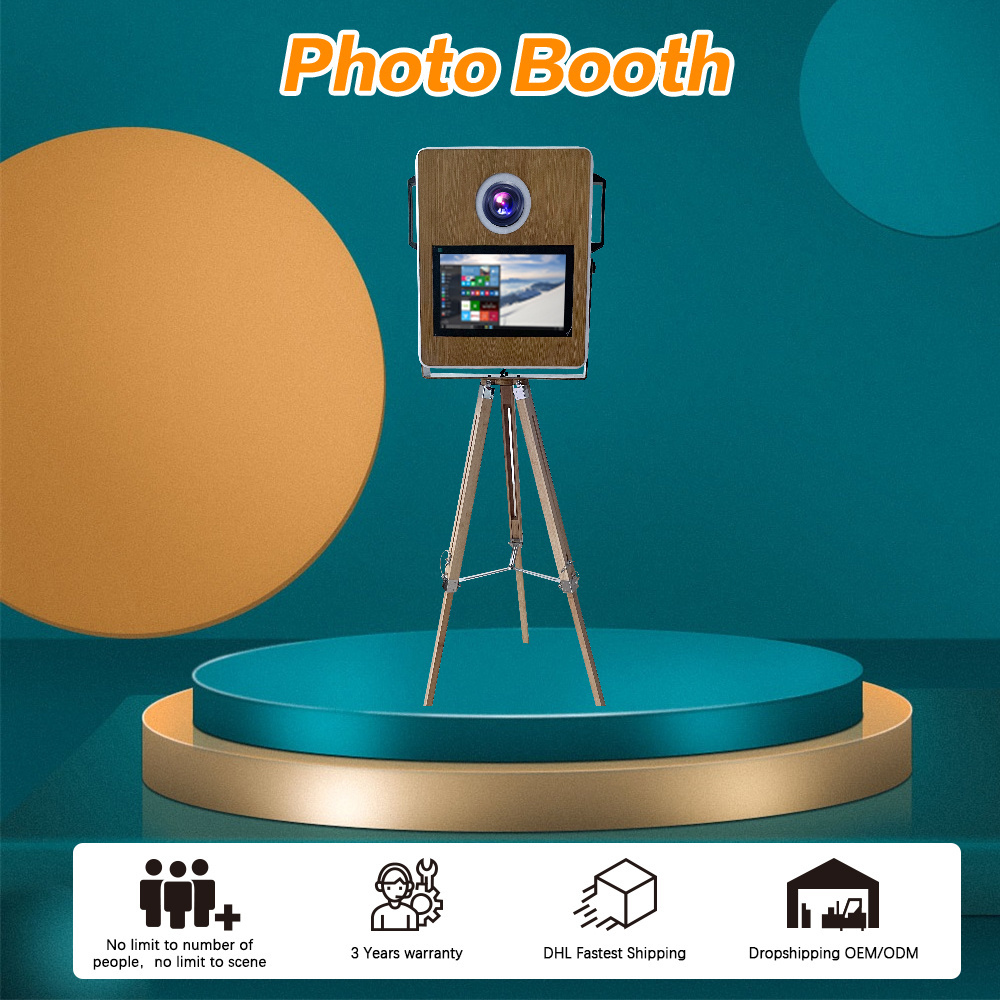 New Arrival Wooden Style Photo Booth Vintage Wooden Grain Photo Booth 15.6 Touch Csreen Photobooth With Printer And Camera