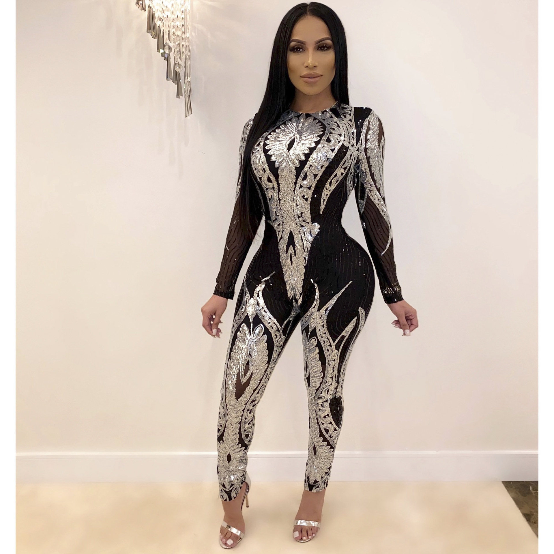 2022 luxury black see through long sleeve print shiny mesh gold sequin party jumpsuit for women