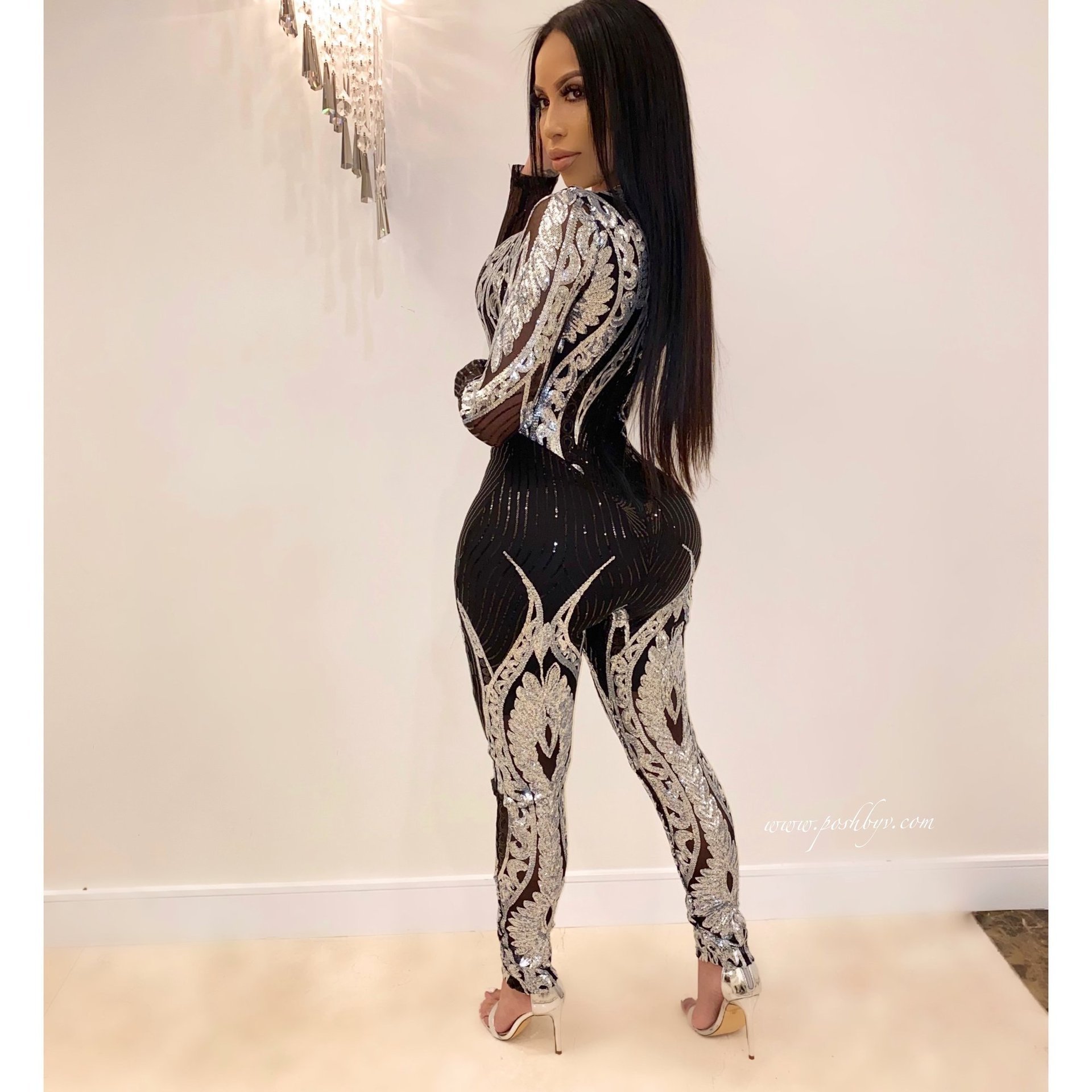 2022 luxury black see through long sleeve print shiny mesh gold sequin party jumpsuit for women