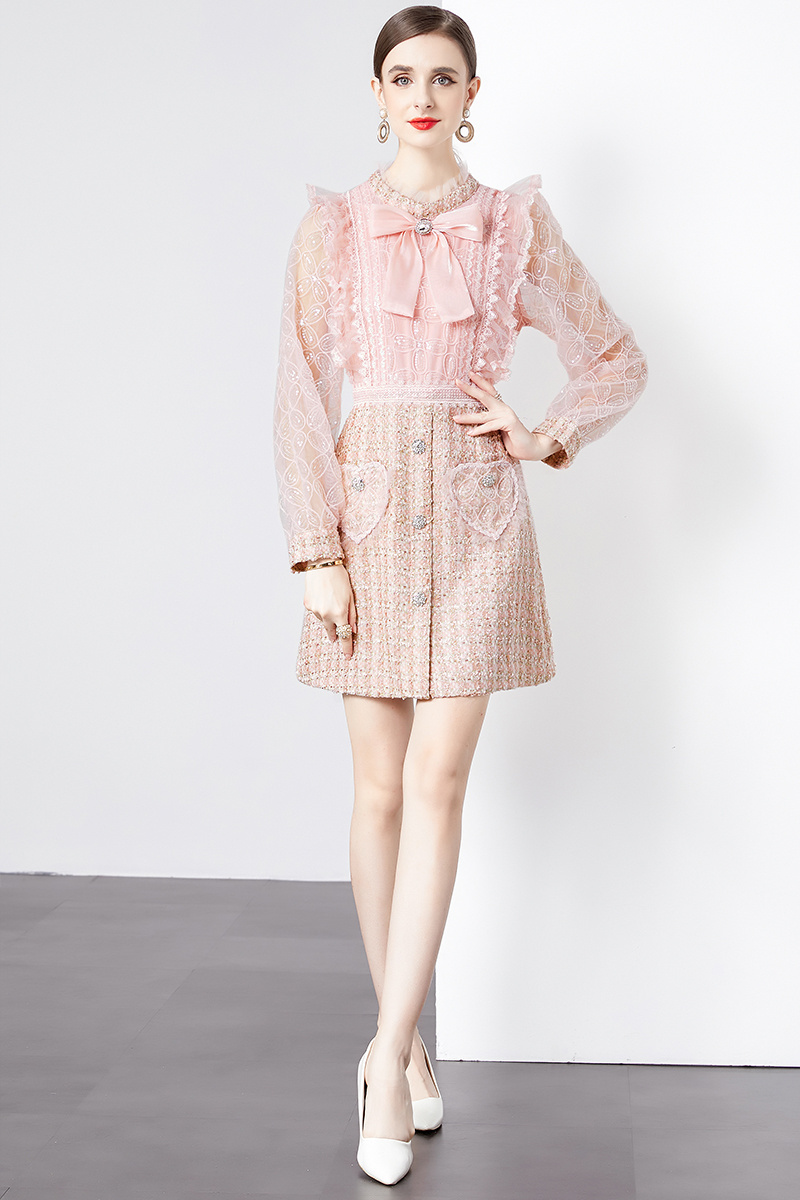 Women Fashion Ruffle Collar Tulle Long Sleeve Sweet Pink Tweed Dress