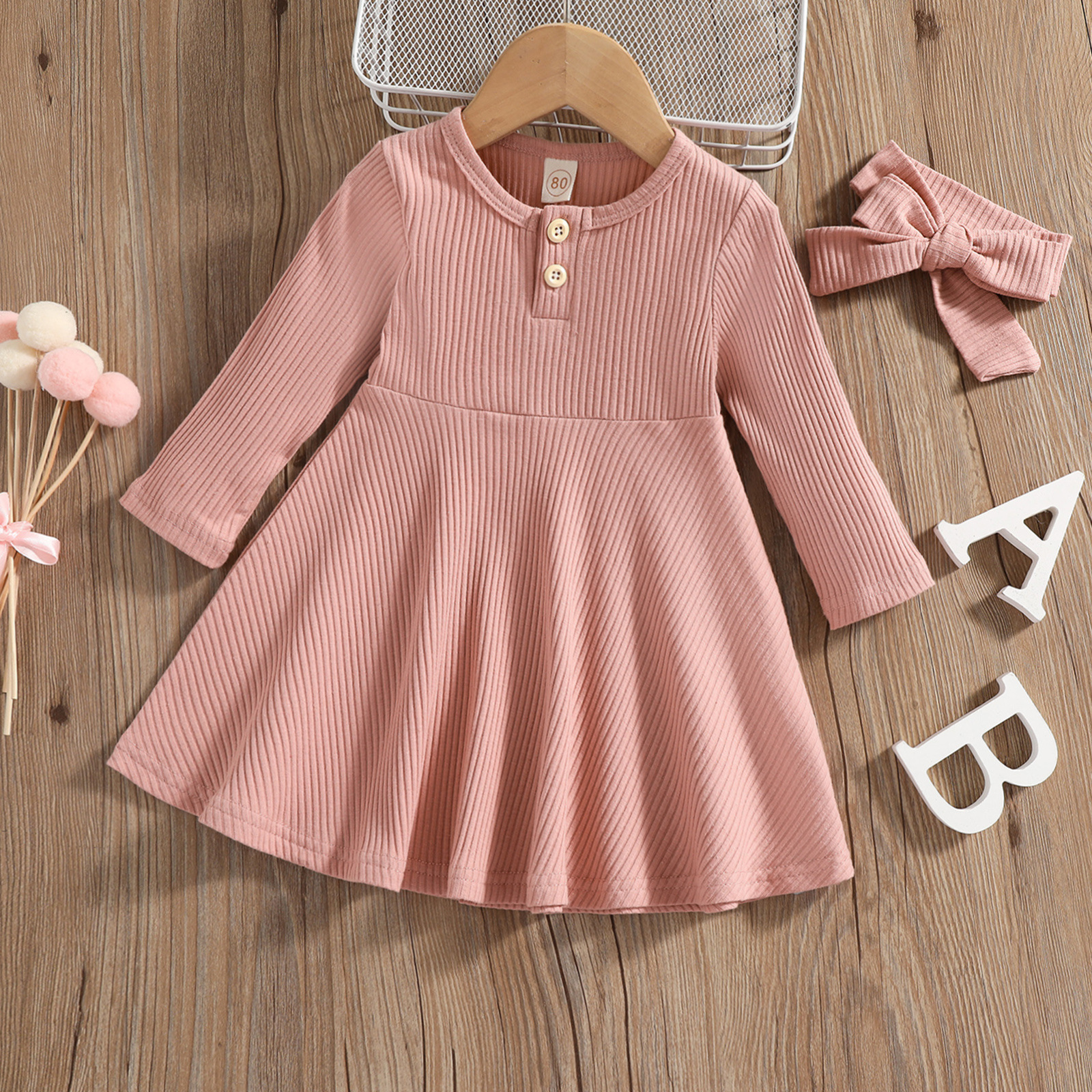 Toddlers Dress Rib Cotton Long Sleeve Baby Girl Spring and Autumn Dress