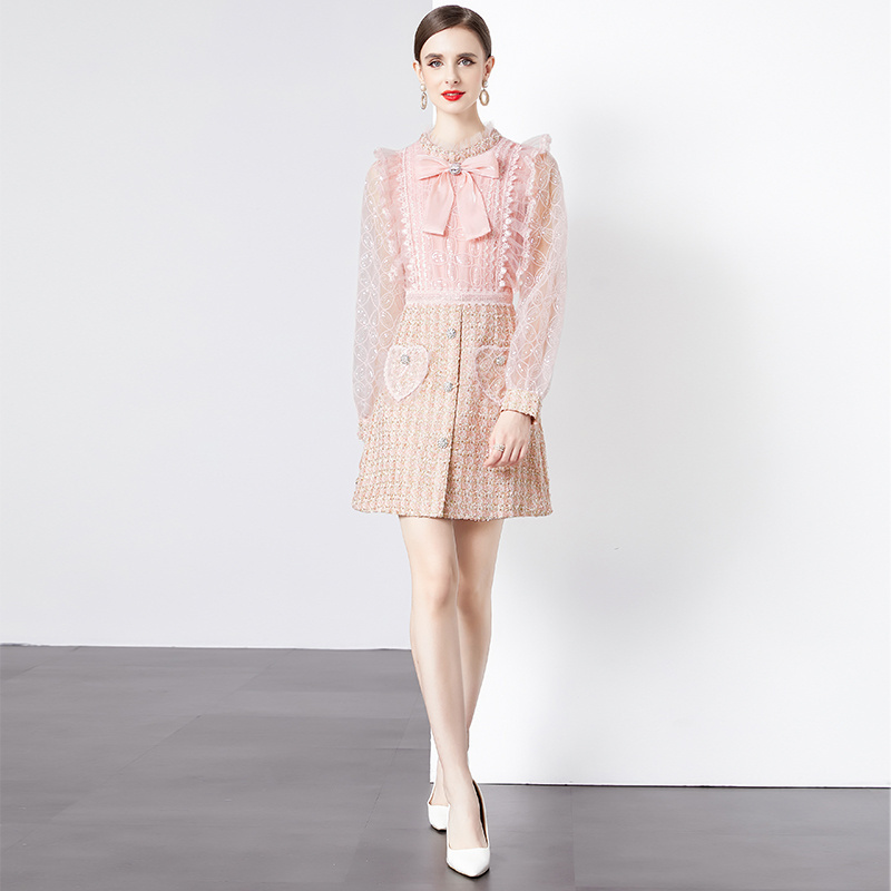 Women Fashion Ruffle Collar Tulle Long Sleeve Sweet Pink Tweed Dress