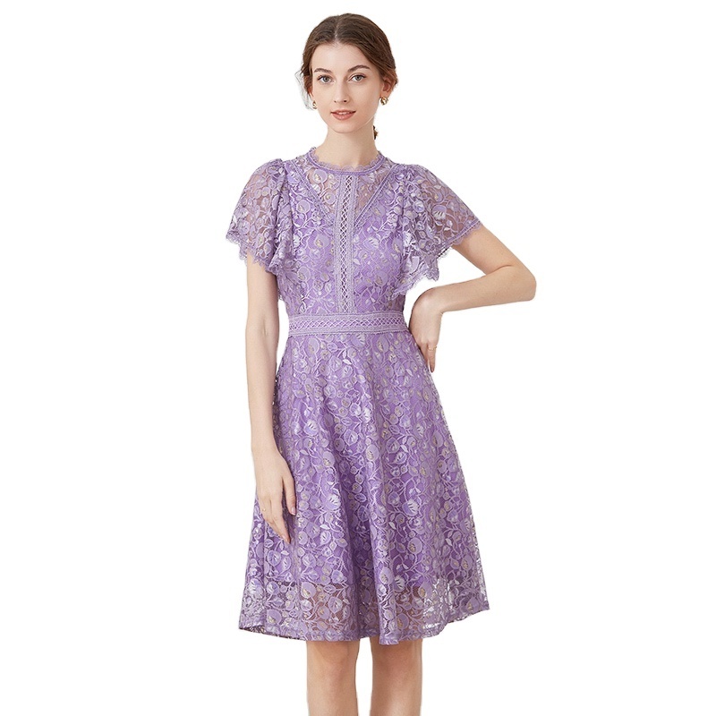 New Fashion Summer Turtleneck Short Sleeve Elegant Knee Length Purple Lace Dresses