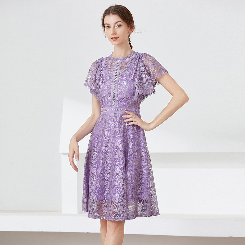 New Fashion Summer Turtleneck Short Sleeve Elegant Knee Length Purple Lace Dresses