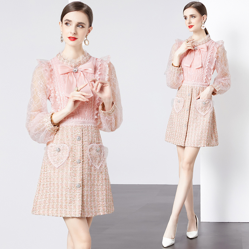 Women Fashion Ruffle Collar Tulle Long Sleeve Sweet Pink Tweed Dress