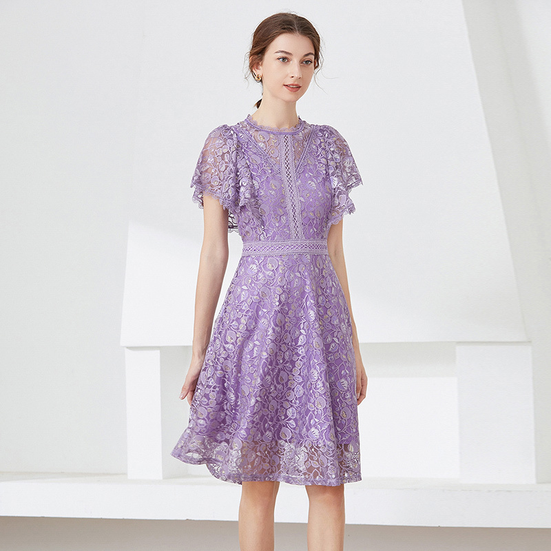 New Fashion Summer Turtleneck Short Sleeve Elegant Knee Length Purple Lace Dresses