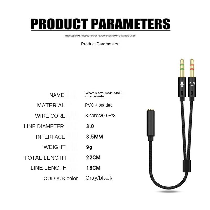 Factory sell 3.5mm AUX Y Splitter 2 Jack Male to 1 Female Headphone Mic Audio Cable for computer laptop