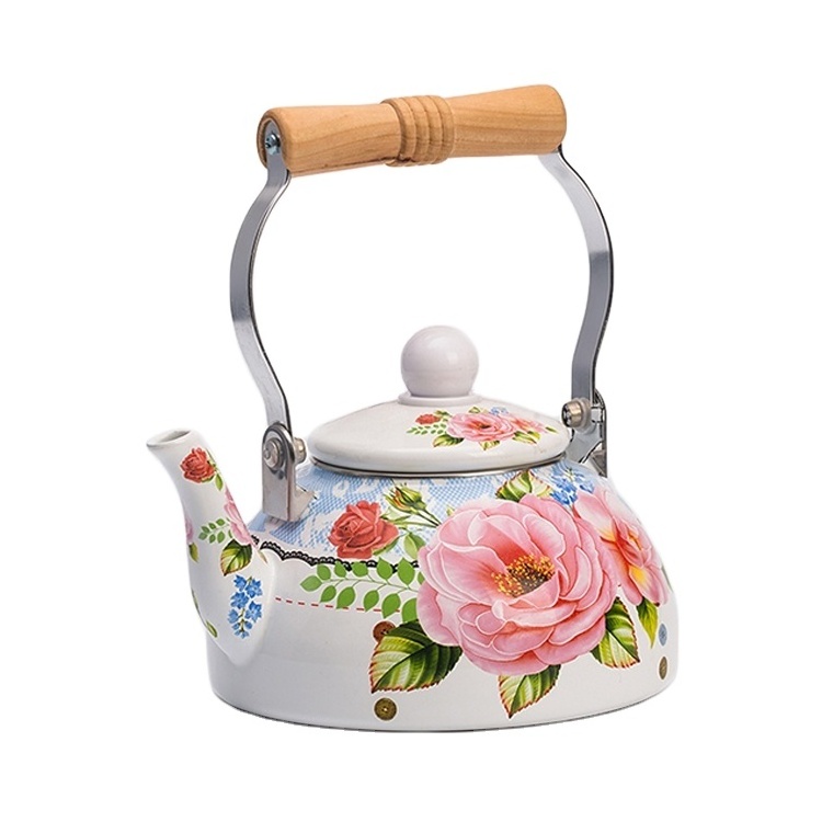 Enamel Tea Kettle, Large Floral Colorful Teapot with Handle for Stovetop, Retro Hot Water Tea Kettle Pot