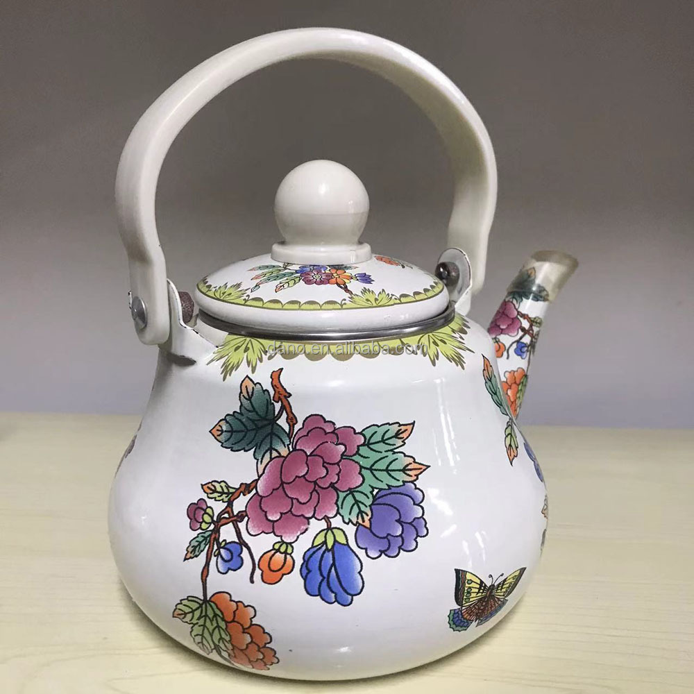 Enamel Tea Kettle, Large Floral Colorful Teapot with Handle for Stovetop, Retro Hot Water Tea Kettle Pot