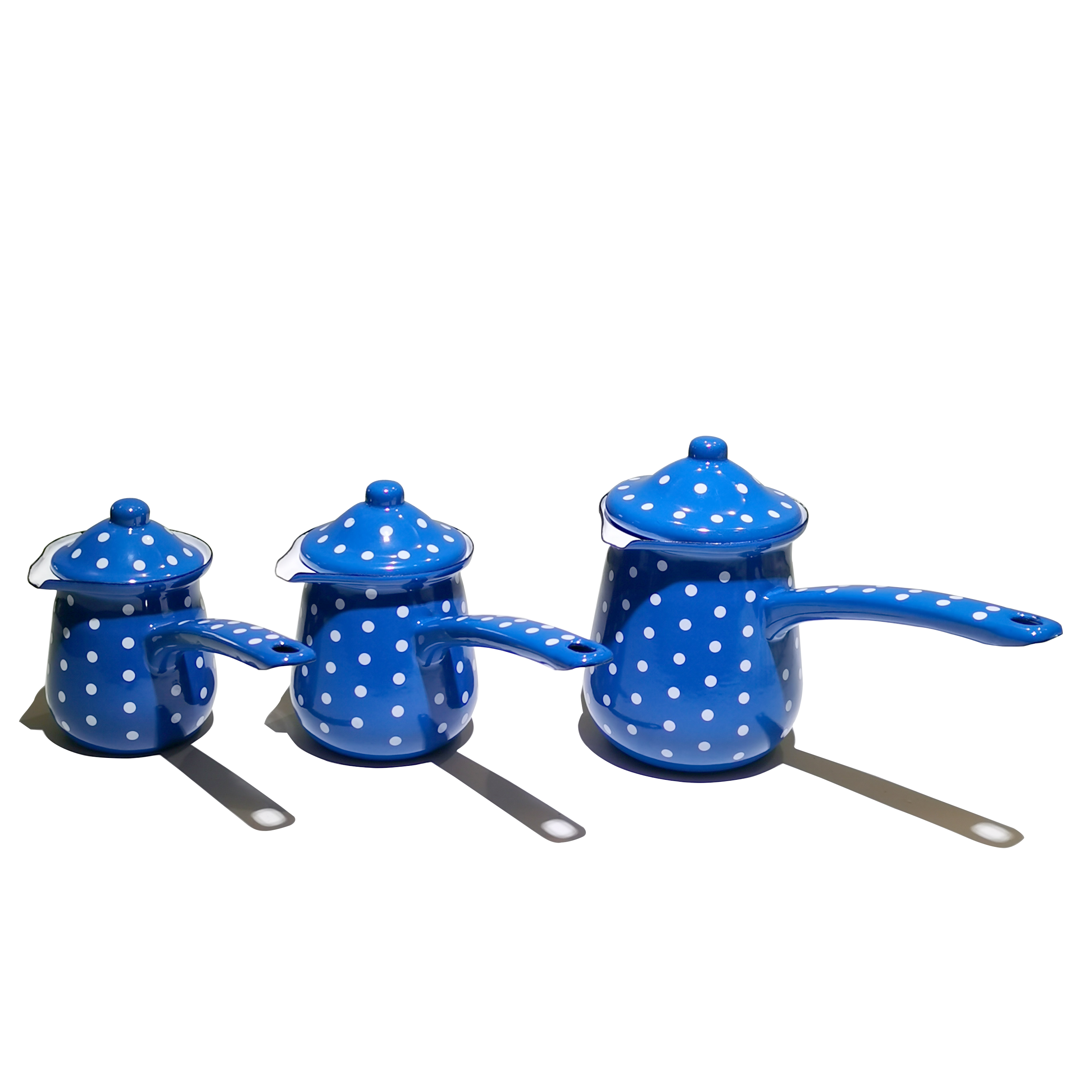 British Style Blue and White Spots Coffee Warmer Enamel Sigle-handle Pot with Wooden Handle Used in Home and Kitchen