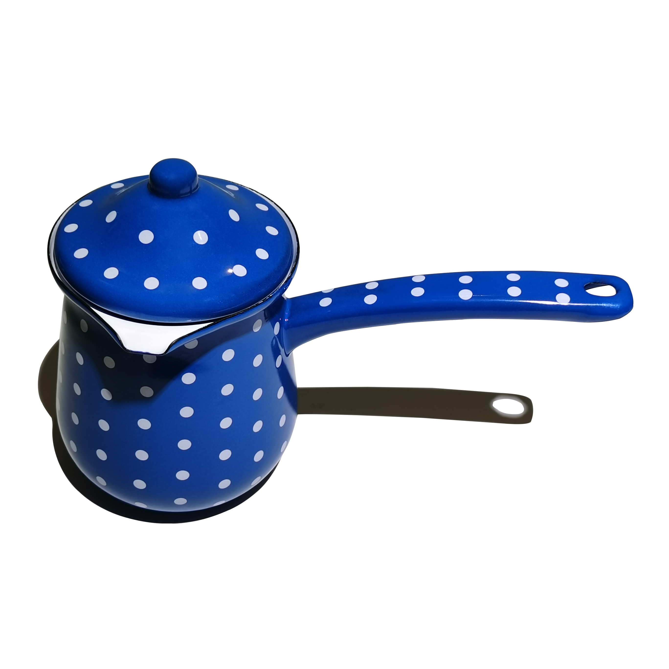 British Style Blue and White Spots Coffee Warmer Enamel Sigle-handle Pot with Wooden Handle Used in Home and Kitchen