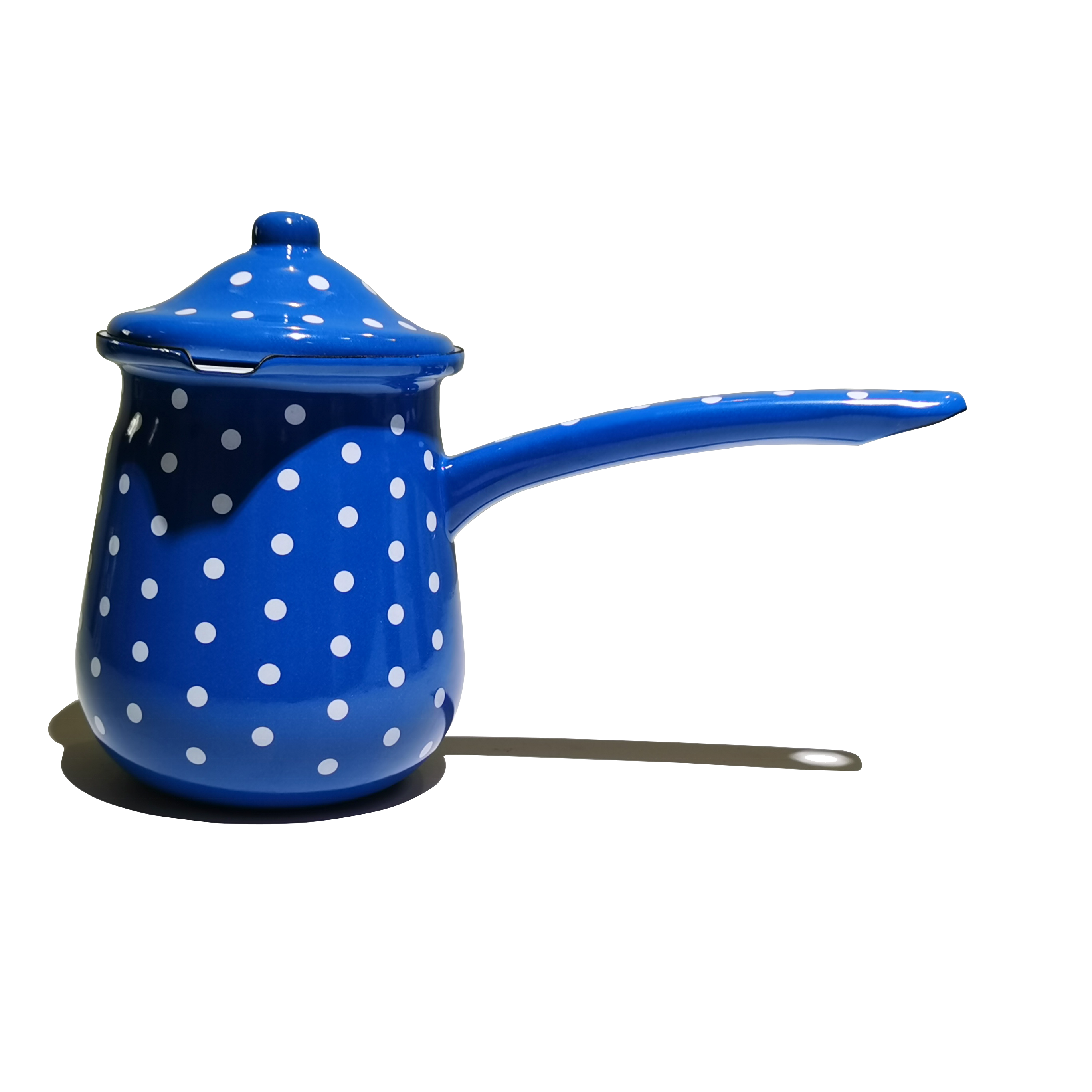 British Style Blue and White Spots Coffee Warmer Enamel Sigle-handle Pot with Wooden Handle Used in Home and Kitchen