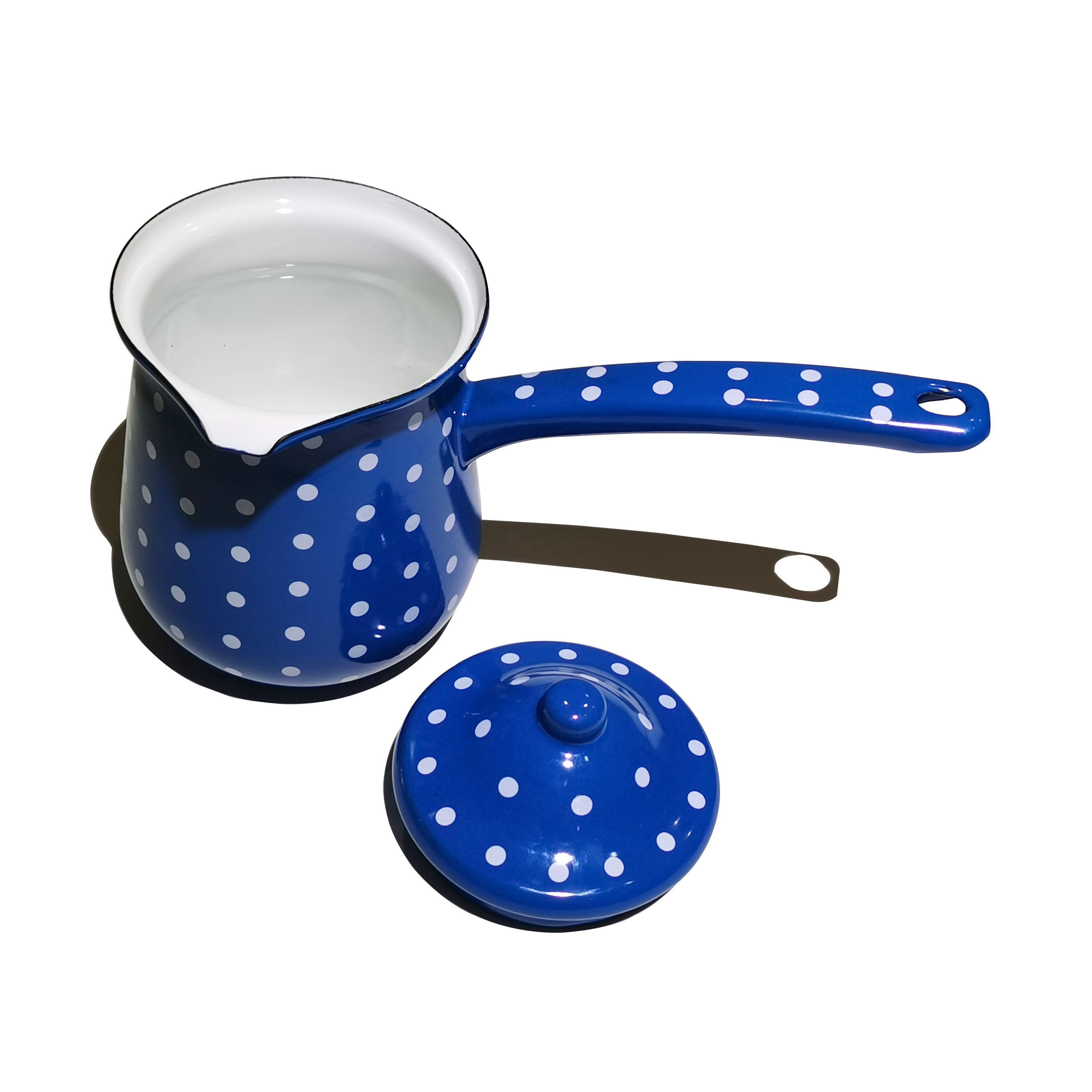 British Style Blue and White Spots Coffee Warmer Enamel Sigle-handle Pot with Wooden Handle Used in Home and Kitchen