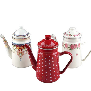 1.5L Customized Color Logo Printed Enamel Teapot Coffee Kettle with Enamelled Lid for Camping or Kitchen