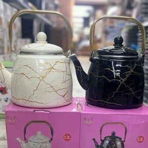 0.8L/1.0L / 1.2L /1.5L/2.5L/3.0L Turkish Style Tea Pot White and Black Marble Decal Enamelled Metal Steel Teapot Tea Kettle