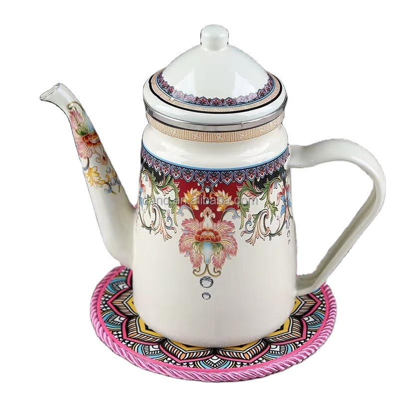 1.5L Customized Color Logo Printed Enamel Teapot Coffee Kettle with Enamelled Lid for Camping or Kitchen