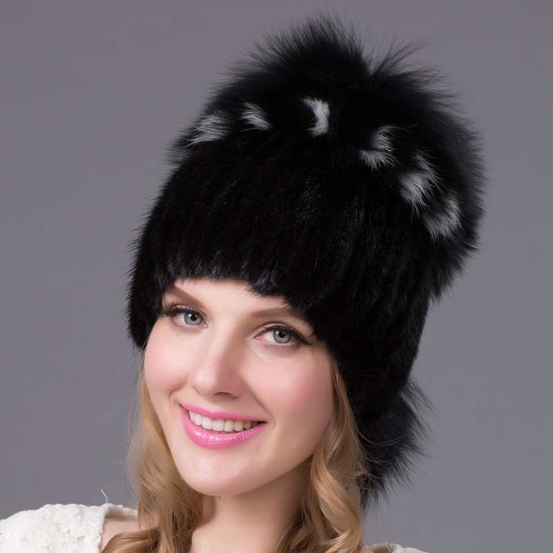 knitted mink fur hat with a big size fox fur pompom