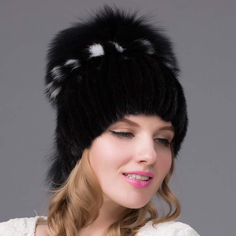 knitted mink fur hat with a big size fox fur pompom