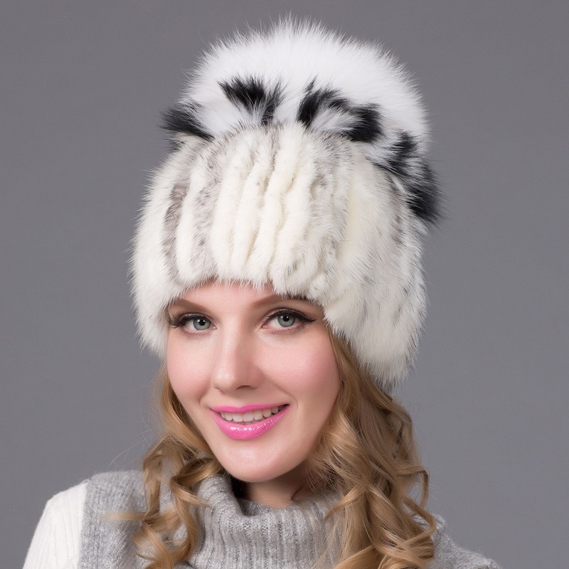 knitted mink fur hat with a big size fox fur pompom