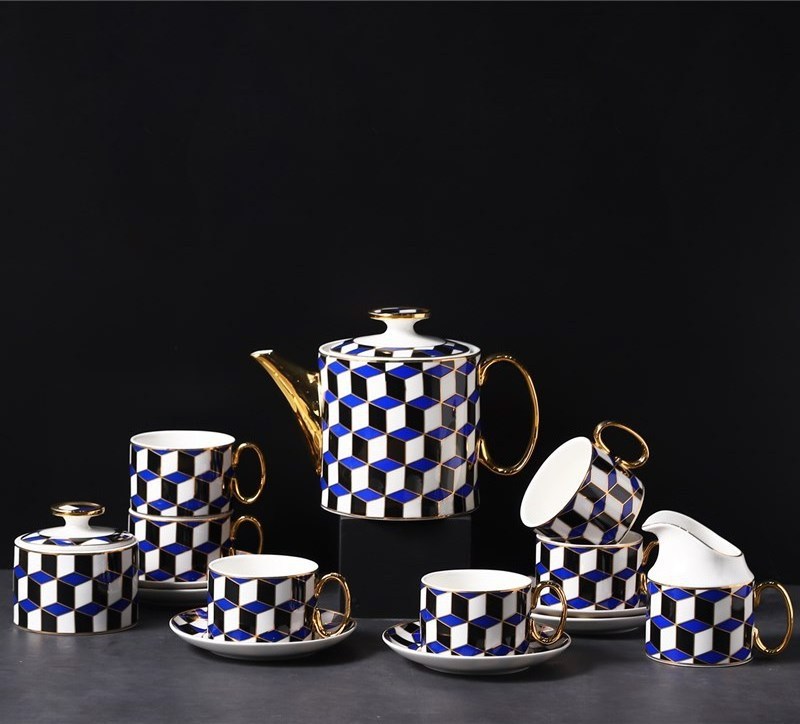 2023 Light Luxury Mug Set Gift Box Blue Geometry Ceramic Coffee Tea Pot And Cups Sets