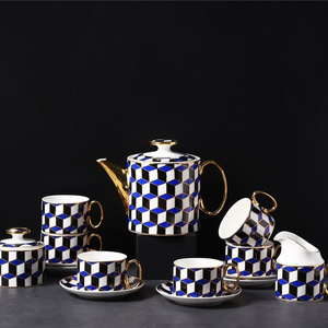 2023 Light Luxury Mug Set Gift Box Blue Geometry Ceramic Coffee Tea Pot And Cups Sets