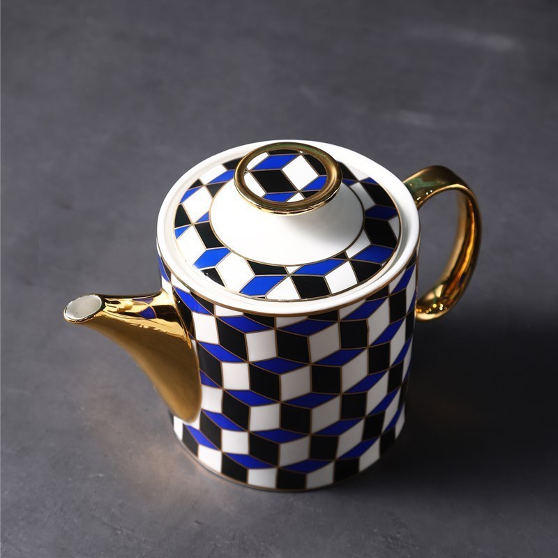 2023 Light Luxury Mug Set Gift Box Blue Geometry Ceramic Coffee Tea Pot And Cups Sets