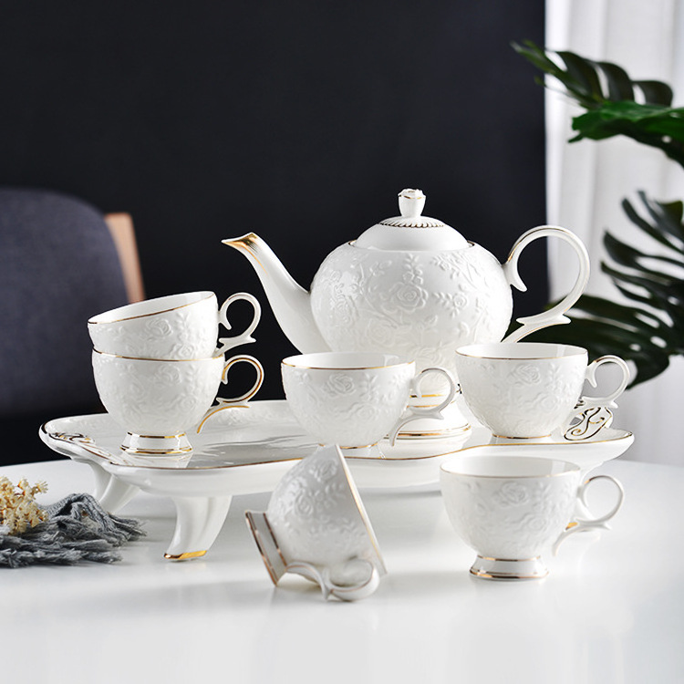 European English Floral White Coffee Tea Bone China Porcelain Tea Pot And Cup Set With Tray