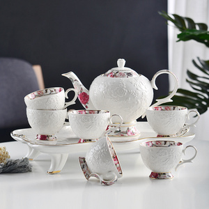 European English Floral White Coffee Tea Bone China Porcelain Tea Pot And Cup Set With Tray