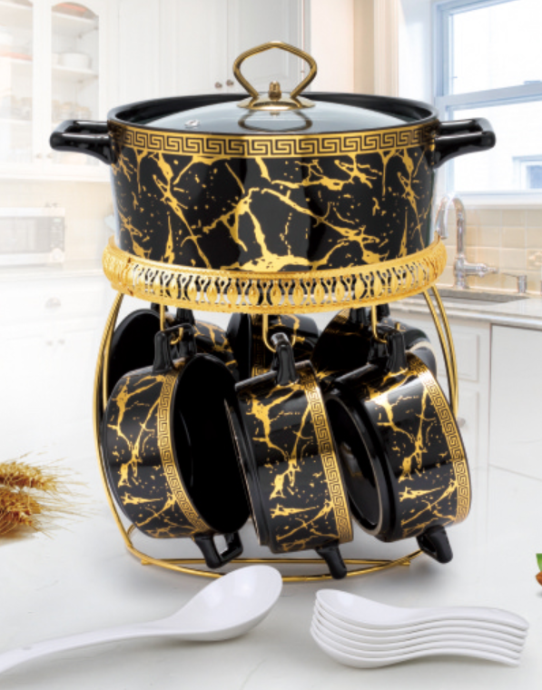 Hot Selling ceramic gold cooking pot cookware set casserole Ceramic Soup Pot and Bowl Sets