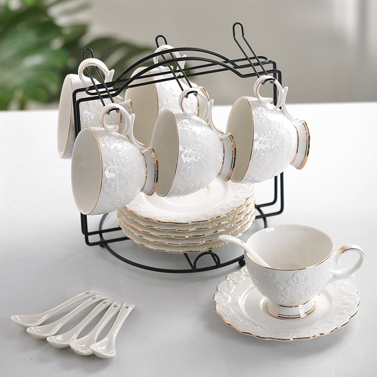 European English Floral White Coffee Tea Bone China Porcelain Tea Pot And Cup Set With Tray