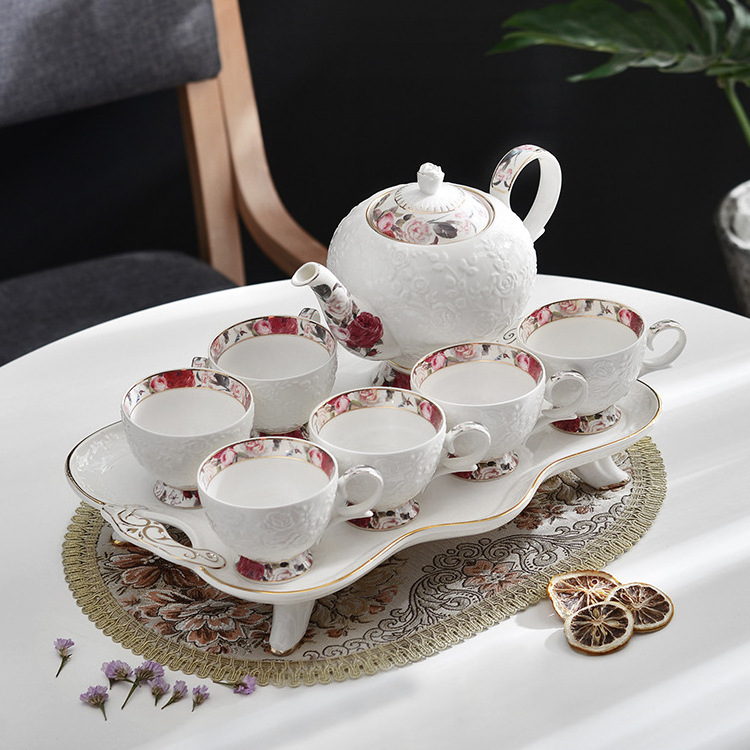 European English Floral White Coffee Tea Bone China Porcelain Tea Pot And Cup Set With Tray