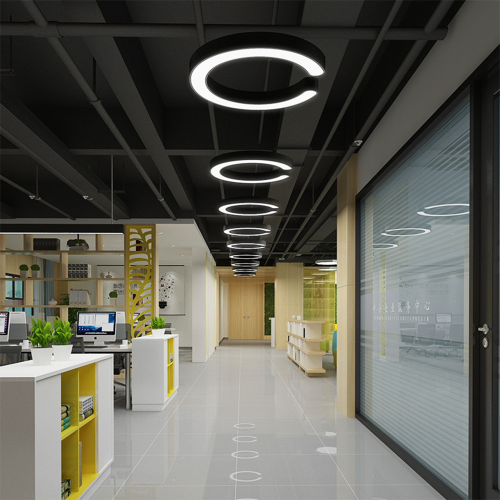 Office Conference Room Ceiling Light 36W 4000K Flicker-Free Black C-shaped LED Ceiling Pendant Light with EM Battery