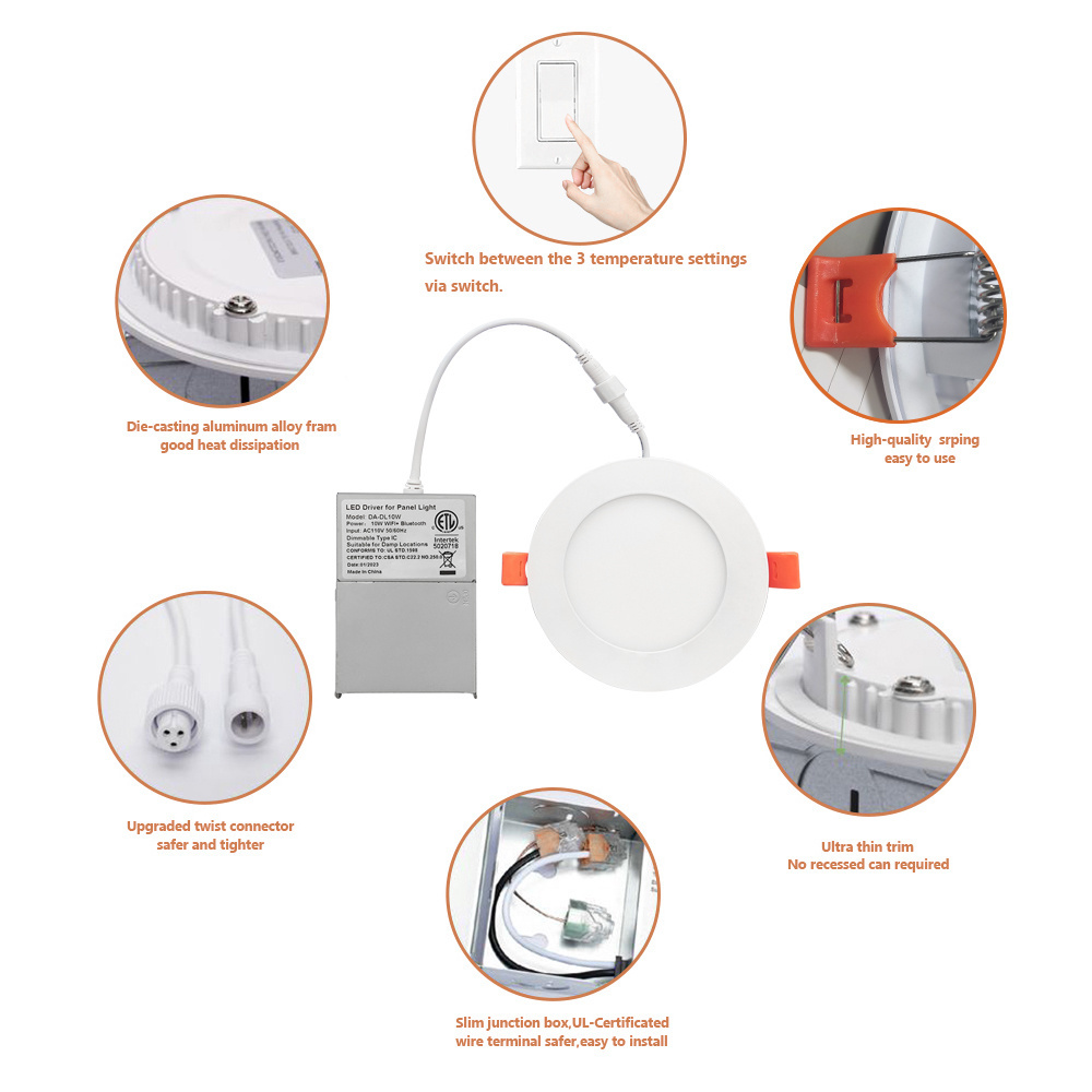 ETL CE 3CCT 5CCT ultra thin 4inch 9W  led recessed ceiling panel light no housing needed with junction box