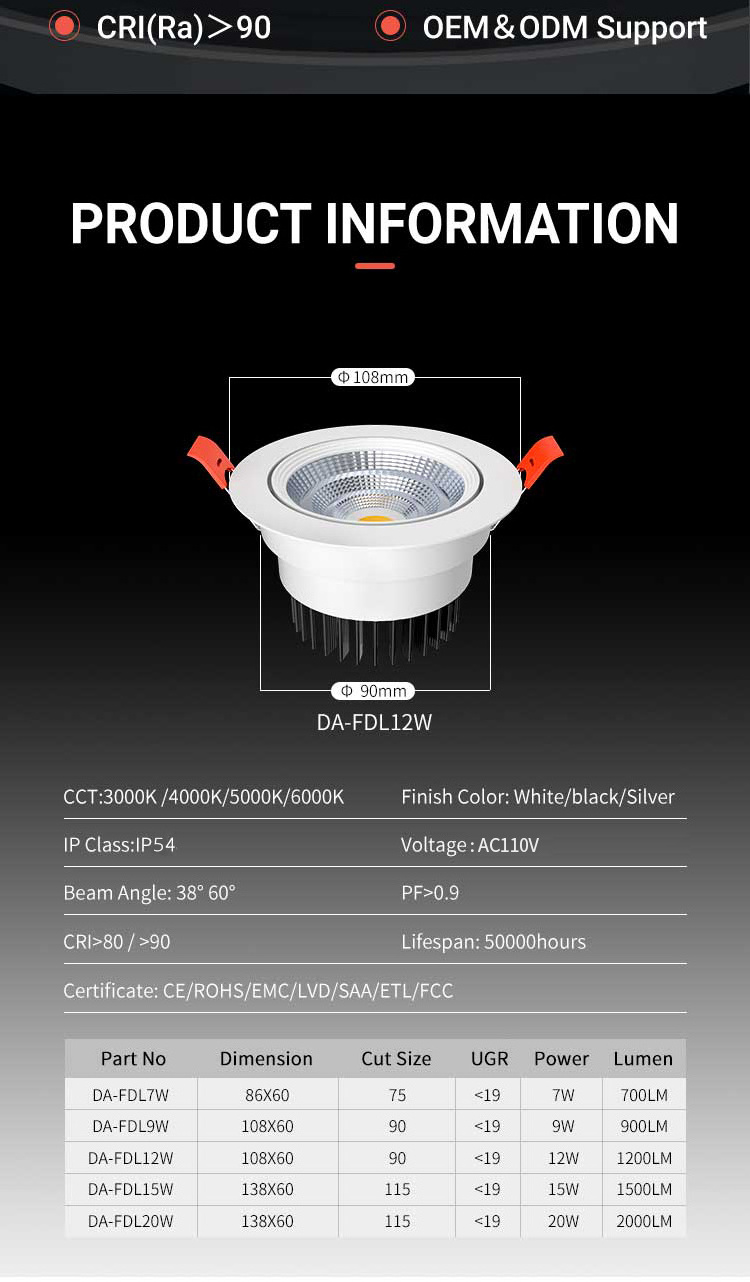 5watt downlight Recessed Cob Adjustable Ceiling Down Lamp Aluminum Plastic Indoor anti-glare Led High Lumen Spotlights