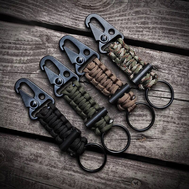 Hiking camping paracord keychain with fire flint, hang metal buckle, key ring