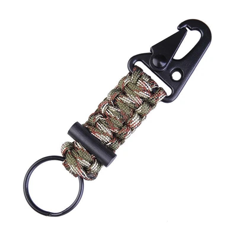 Hiking camping paracord keychain with fire flint, hang metal buckle, key ring