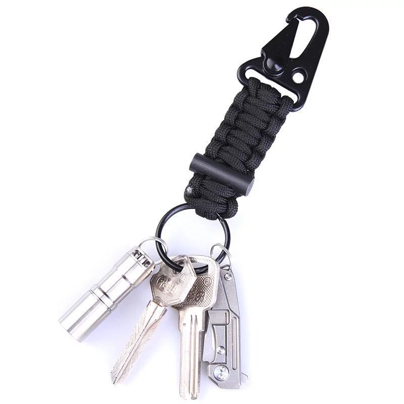 Hiking camping paracord keychain with fire flint, hang metal buckle, key ring