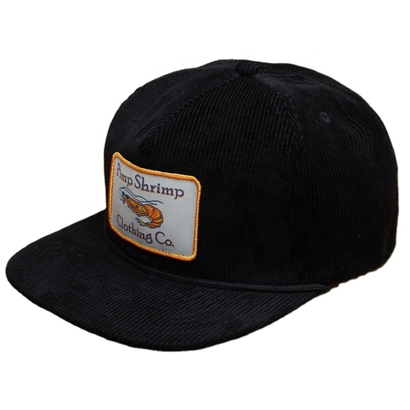 Plain custom embroidery logo flat brim 5 panel black cotton corduroy unstructured snapback hat front rope cap with woven patch