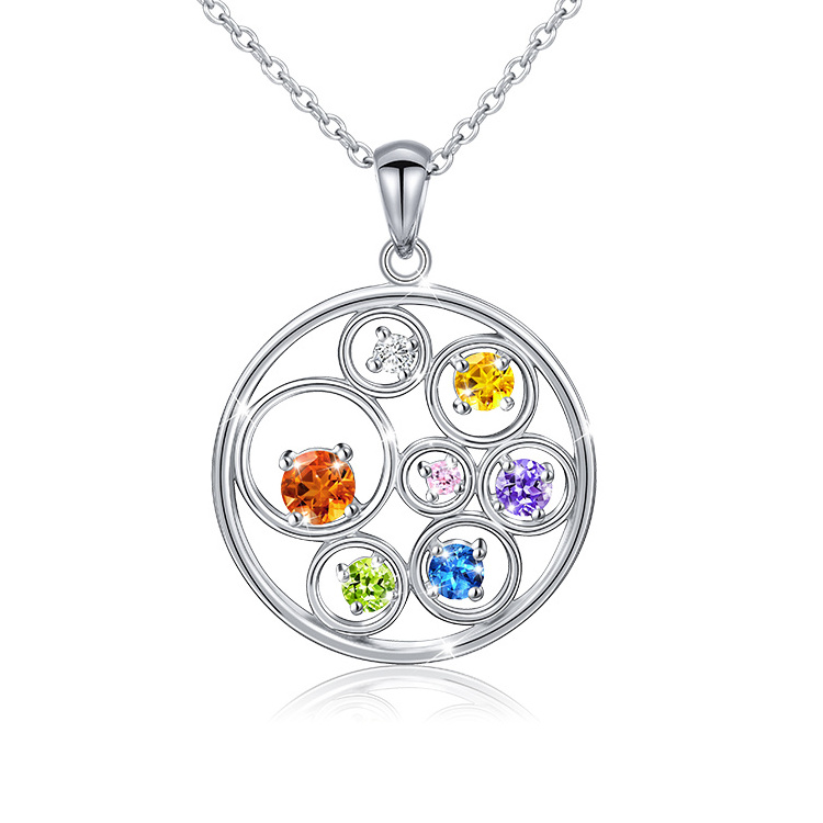 wholesale 925 Sterling Silver Colorful Cz Round Pendant 7 Stone Necklace for Women