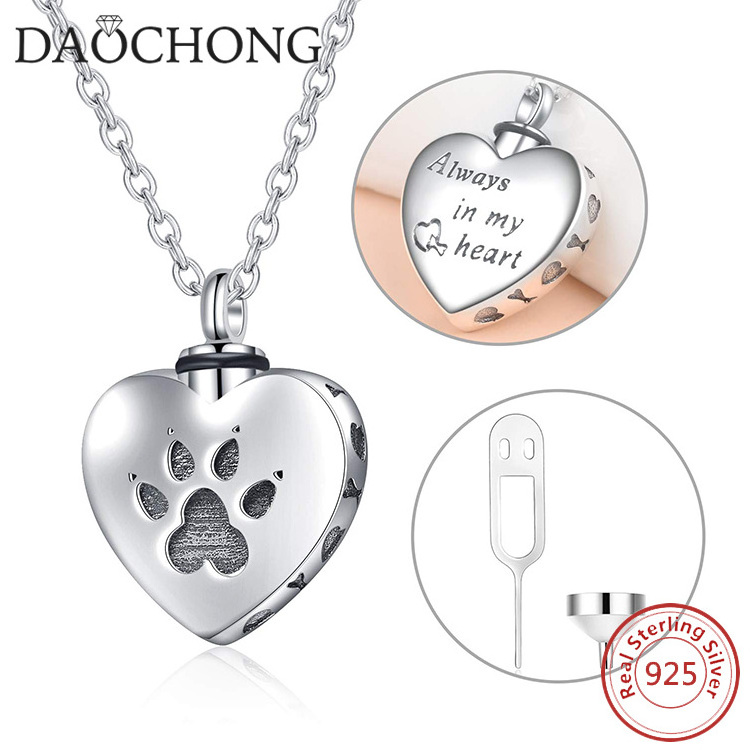 Cremation Jewellery Dog Paw Pet Urn Pendant Necklace S925 Sterling Silver